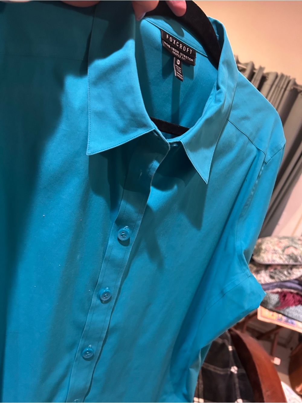 Foxcroft Teal Button-Down Stretch Blouse